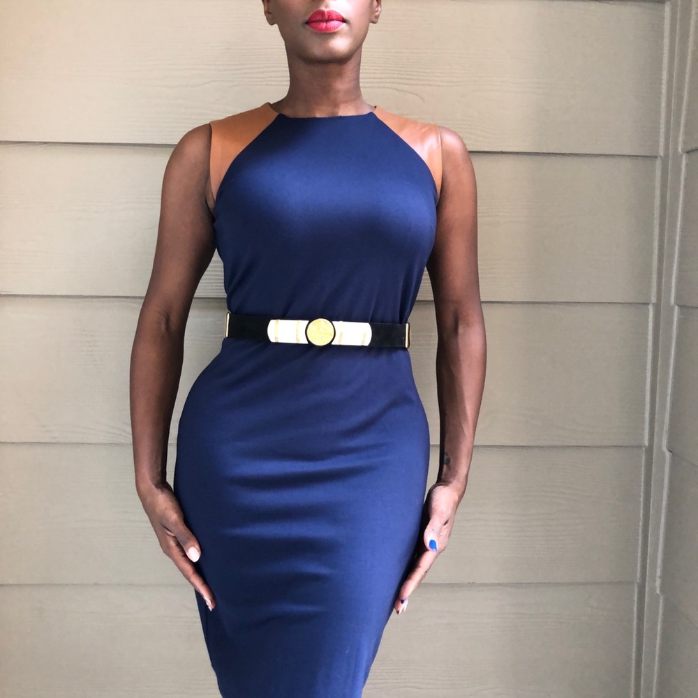 Ralph Lauren Dress | Navy Blue Brown Leather Sz 4